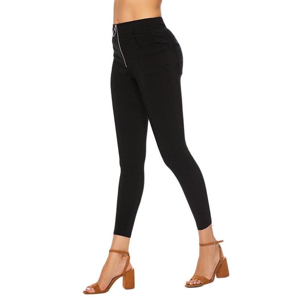 

women's leggings solid color ladies summer high waist zipper with pocket casual wild fashion, Black