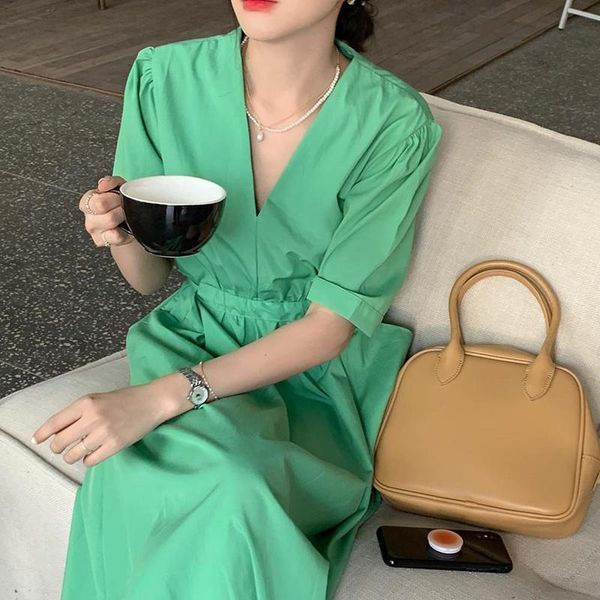 

casual dresses colorfaith 2021 women summer high waist v-neck minimalist korean lace up pockets elegant wild lady long dress dr1189, Black;gray