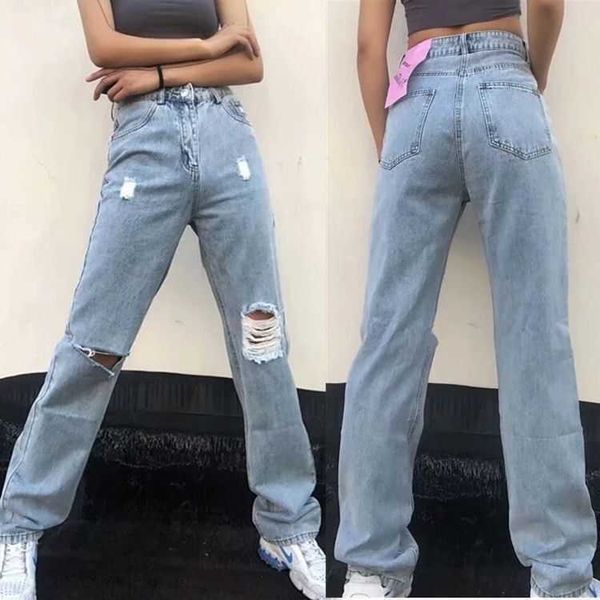 

fashion jeans women's high waist pierced in autumn 2021, Blue