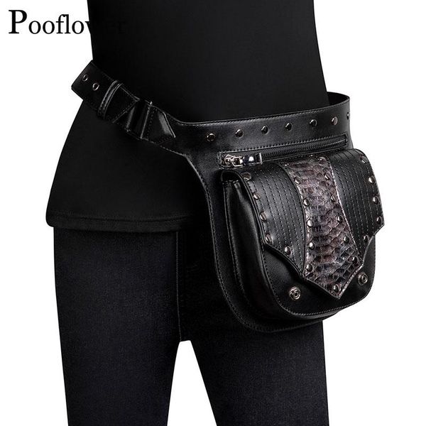 

pooflower fanny packs for women punk men tactical waist bag pu leather belt outdoor waterproof chest zh092 bags