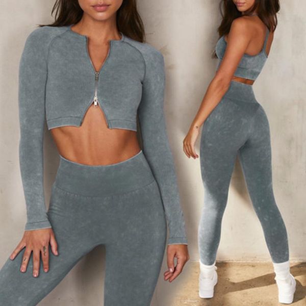 

yoga outfit seamless set sports clothing gym women zipper long sleeve workout clothes for sportswear fitness suit training