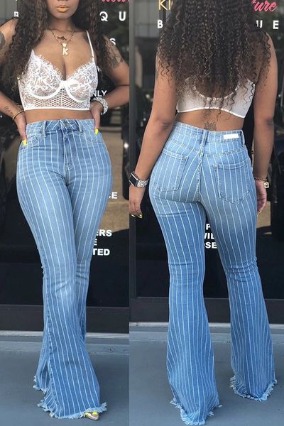 

high waist flare jeans striped tassel buttom denim pants for women, Blue