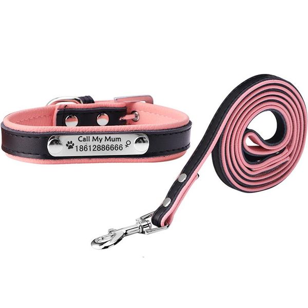 

dog collars & leashes soft leather personalized collar name and phone number small medium big leash lead set