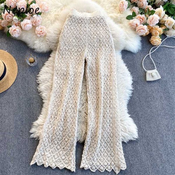 

neploe elegant lace hook flower solid pant high waist hip flare long pantalones mujer spring ol trousers 211007, Black;white