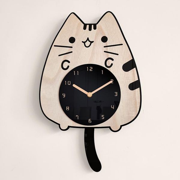

wall clocks wooden cartoon clocks, home decoration, living room, girls, children's cat wagging tail, creative silent swinging
