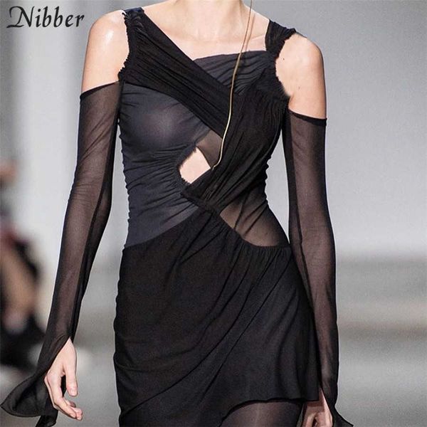 Nibber Fall Stacked Cut Out Hole Cotton Mini Dress Donna Chic Spalle nude Slim Strewear Gothic Casual Femme Patchwork Abbigliamento Y0726