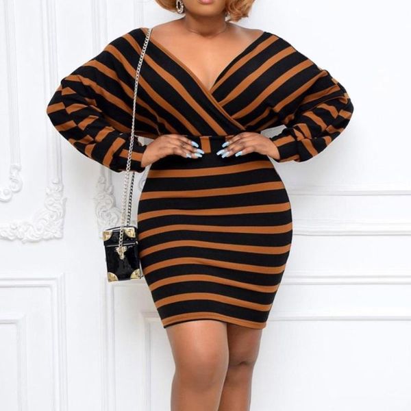 

casual dresses western style ladies spring autumn fashion temperament african oversize stripe splicing v-neck long sleeve, Black;gray