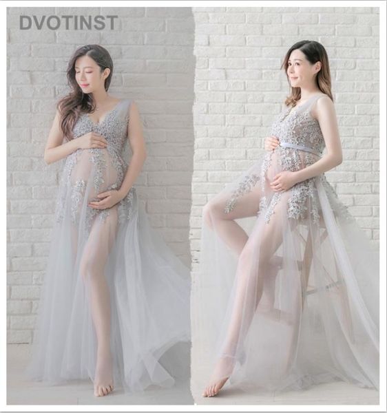 

maternity dresses dvotinst women pography props floral perspective v-neck sleeveless pregnancy dress studio shoot po, White