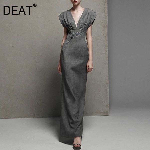 

[deat] summer fashion v-neck high waist ankle-length sequins sleeveless gray quality dress women 13c790 210527, Black;gray