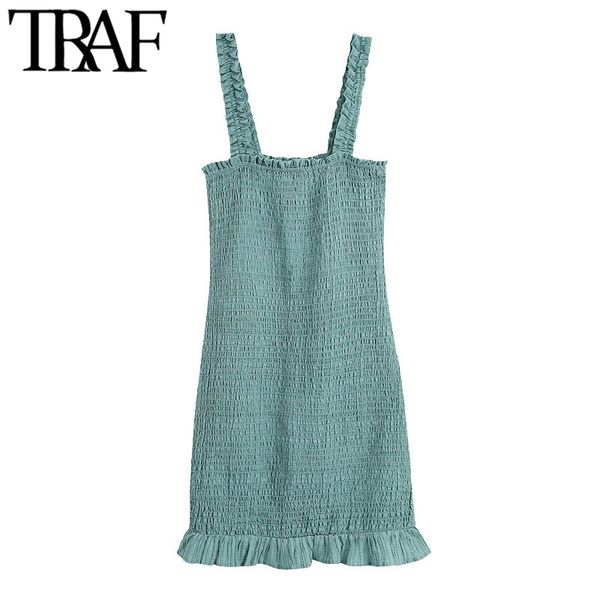 

traf women chic fashion ruffled hem smocked mini dress vintage backless wide straps female dresses vestidos mujer 210415, Black;gray