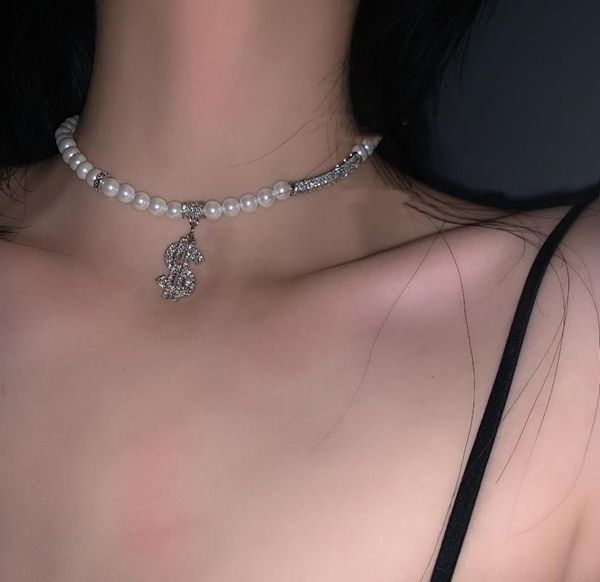 

pendant necklaces fashion simple pearl necklace set auger short temperament design feeling collarbone chain sautoir, Silver