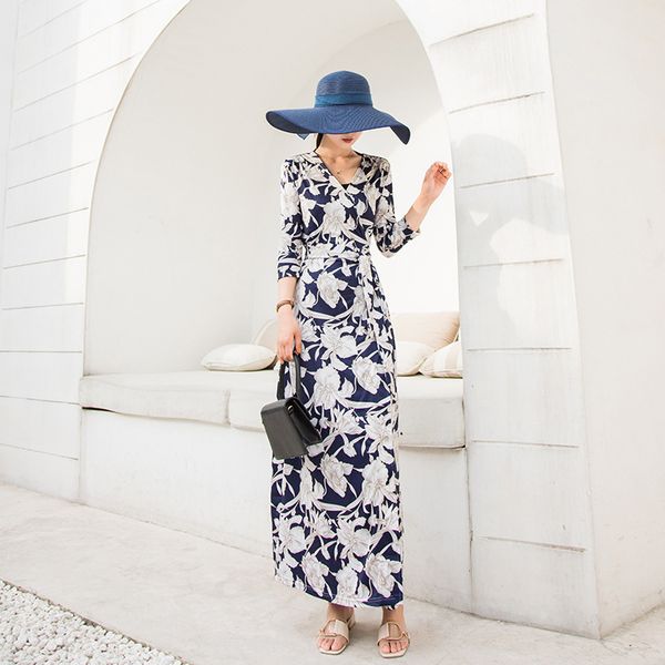 

dress xshm style blue and white print wrap skirt slim v-neck lace up split women, White;black