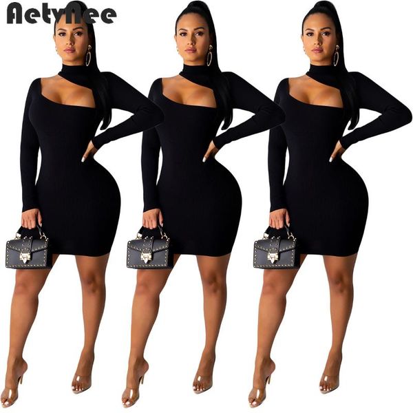 

casual dresses aetvnee solid bodycon dress for women 2021 autumn long sleeve hollow out mini party club ladies streetwear clothing, Black;gray