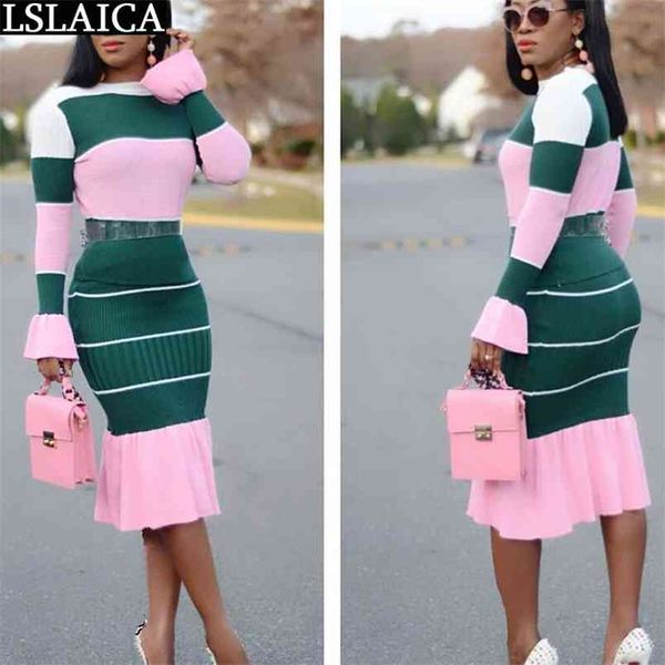 Moda 2 Peice Set Mulheres Outono Patchwork Manga Comprida O Pescoço Sweater Midi Saia e Top Conjuntos de Mujer Elegante 210515