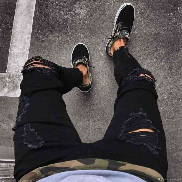 

men's jeans black pants for men hip hop rock holes ripped biker slim fit zipper jean distressed, Blue