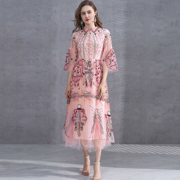 

ed as a woman heavy industry embroidered loose fashion burnt sleeve mesh high-end luxury mid-length pink party 2021, Black;gray