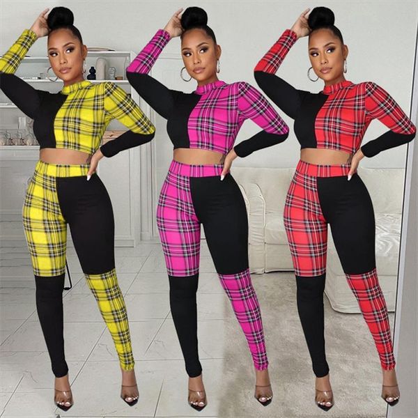 

cute plaid print set women tracksuits short sleeve tee and skinny pencil pant suit 2 pieces outfits, Gray