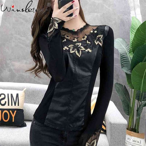 

pu mesh patchwork tshirt faux leather long sleeve & tees fashion casual floral diamante trim t shirt women t07629b 210421, White