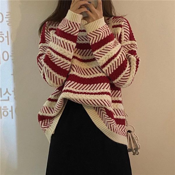 

korean women stripe sweater autumn winter loose long sleeve pullover ladies knitted patchwork plus size women's sweaters, White;black