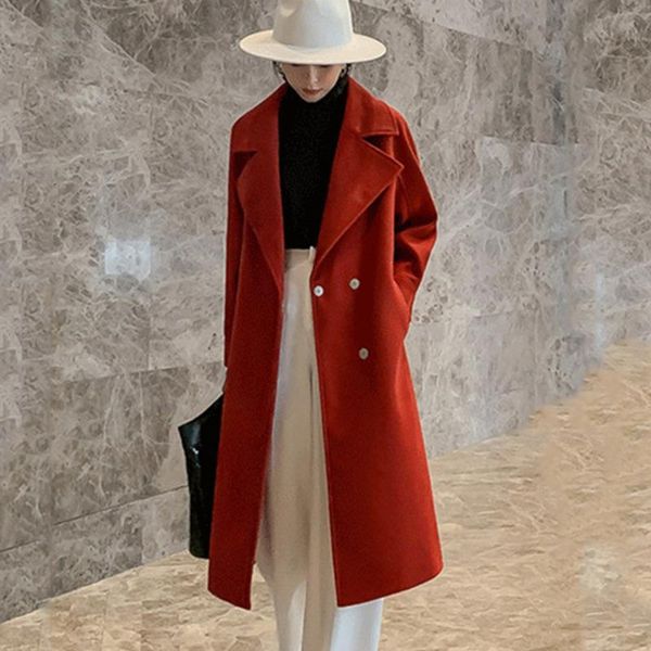 

women's wool & blends [ewq] fashion solid color medium long korean 2021 lapel winter lace up sleeve pink woolen coat female 16e3241, Black