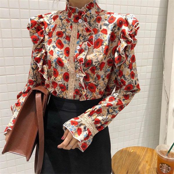 

women blouses pleated florals stand feminine hollow out chic all match sweet flare sleeves loose office lady, White