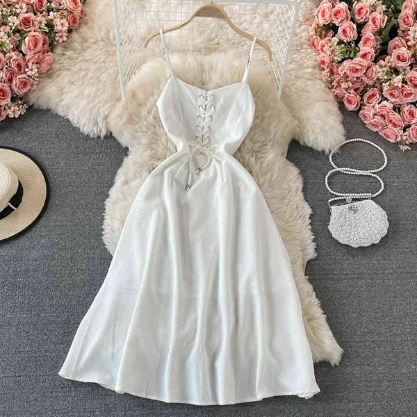 

two piece dress women white 2021 spaghetti strap bandage lace-up backless party fashion clothing vintage sleeveless ufyk