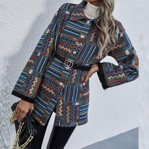 

women's wool & blends elegant turn-down collar office lady long coat vintage abstract print women woolen fashionlantern sleeve warm ove, Black