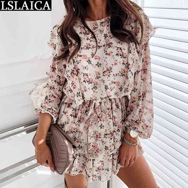 

fashion woman dress floral print ruffles long sleeve o neck mini high waist strappy beach holiday ladies es roupas 210520, Black;gray