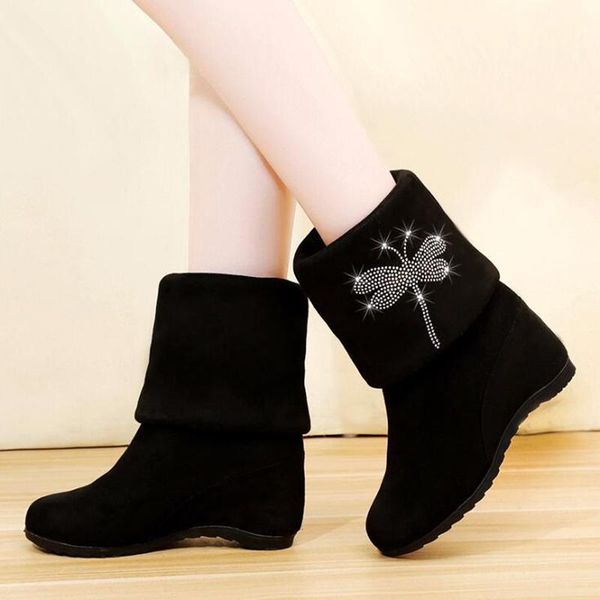 

boots ankle ladies women shoes woman fashion wedge heel rhinestone warm short 2021 autumn round toe d610, Black