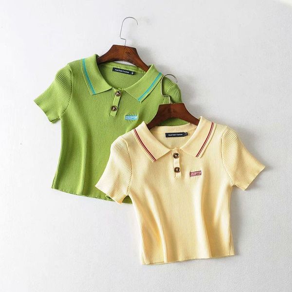 

t shirt summer 2021 lapel short sleeve letters slim and elegant same open navel for women, White