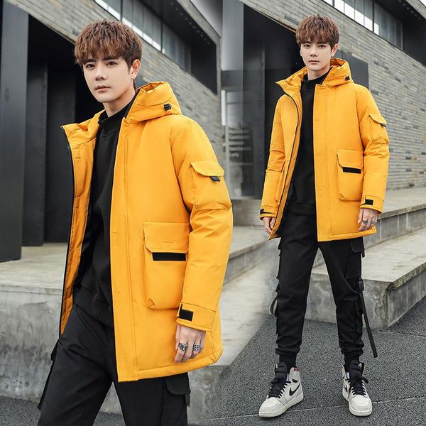 

men's trench coats winter korean mens mid-length hooded white duck down jacket men cargo solid coat loose thick windbreaker male -3xl, Tan;black