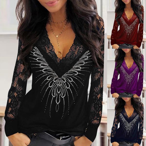 

40 lace splicing womens blouses sequins elegant tee v neck long sleeves vintage casual, White