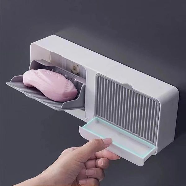 

soap dishes bathroom household non-porous creative double-lattice flip-box with drainage layer accessories watch holder