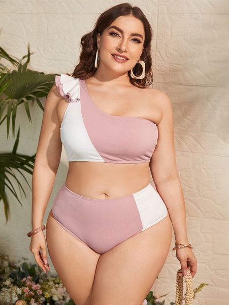 

plus color block one shoulder bikini swimsuit k7m5#, Black