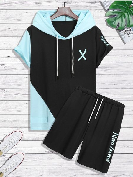 

men letter graphic two tone drawstring hooded tee & shorts 88hf#, Gray