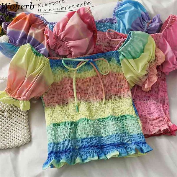 Rainbow Striped Рубашка Женщины Harajuku Blouses Slash See Rrustro Урожай Корейский Летние Плиссированные Повседневные Дамы Blusas 210519
