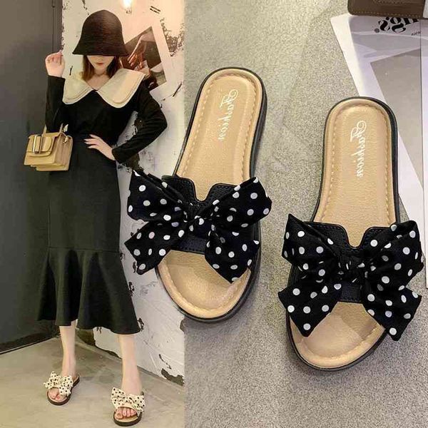 

slippers summer female bowknot net red outer wear soft bottom flip-flop women, Black