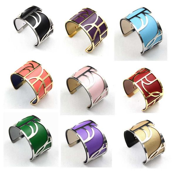 

40mm pu bracelet manchette cuff finition curves gate reversible leather inserts created france bijoux for women q0719, Black