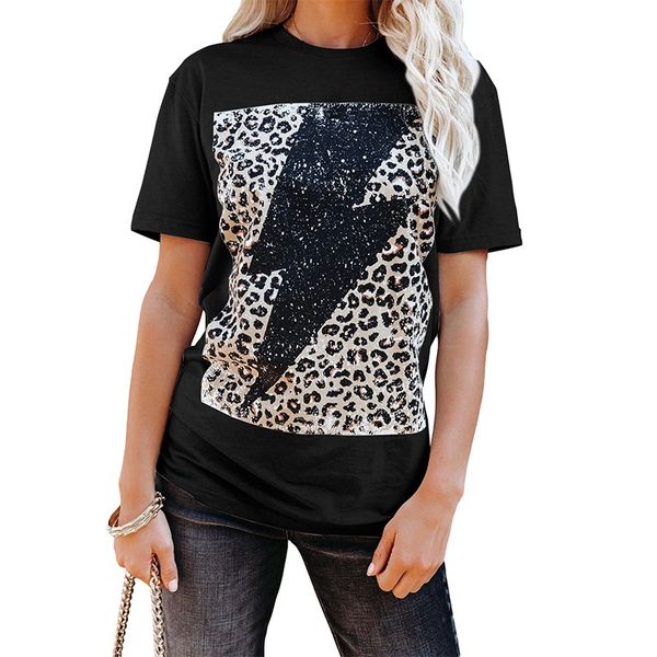

summer women's lightning leopard print short sleeve t-shirt, White