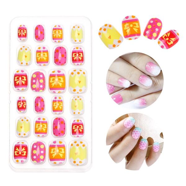 

false nails 24pcs child detachable kids full cover cartoon self adhesive nail manicure tips press on, Red;gold