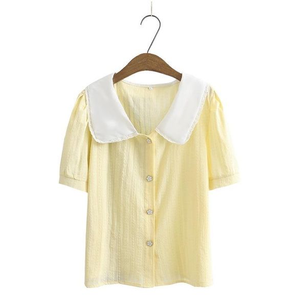 

women's blouses & shirts plus size xl-4xl full cotton button up yellow black women short sleeve summer blouse simple elegant blusas, White
