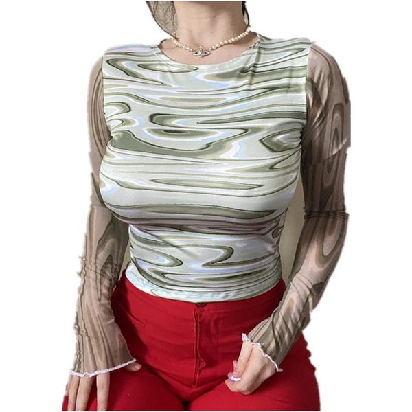 

women's t-shirt european and american autumn water ripple printing long-sleeved slim women 2021 fashion clothing pattern, White