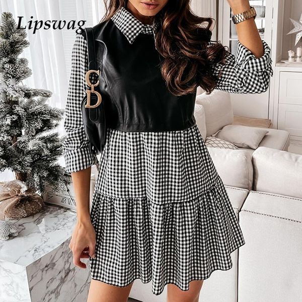 

casual dresses spring autumn patchwork plaid dress women long sleeve mini shirt fashion female turn-down collar button vestidos, Black;gray