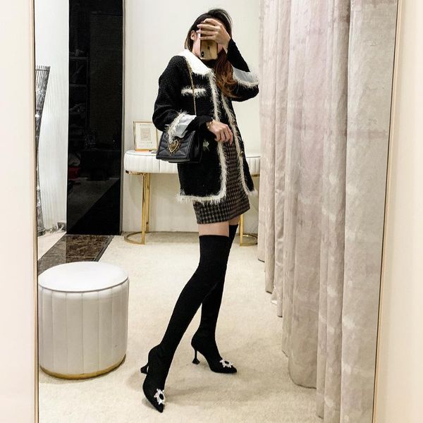

women's boots pointed elastic 2021 water drill button knee high autumn and winter, Black