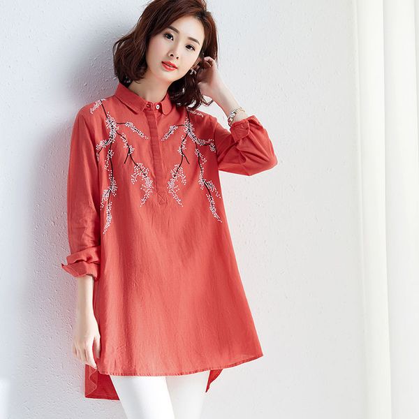 

spring arts female sleeve long sleeves vintage loose shirts embroidered cotton turn-down collar plus size s626, White