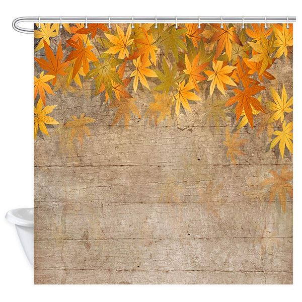 

fall maple leafs on wooden shower curtain, romantic autumn fall of maple leaves on rustic wood board shower curtain for