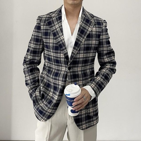 

men's suits & blazers italian plaid suit jacket men 2021 korean blazer stripe business formal dress, White;black