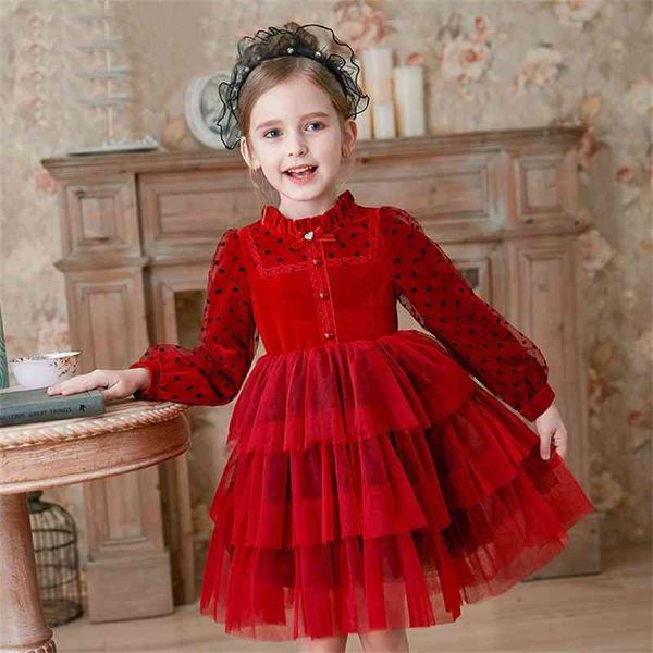 3-13 anni ragazze primavera abito da ballo a maniche lunghe per bambini per adolescenti ragazza abiti da festa torta di velluto rosso 210317
