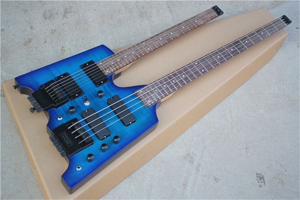 

custom version of double - headed headless 4 string electric bass 6 string electric guitar tiger blue