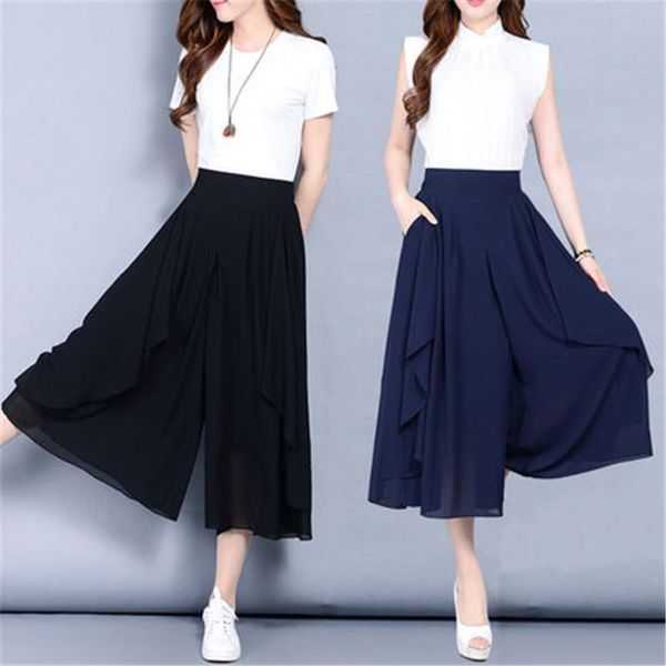 

large size 6xl chiffon womens pant skirt summer loose wide leg high waist elastic elegant x846, Black;white